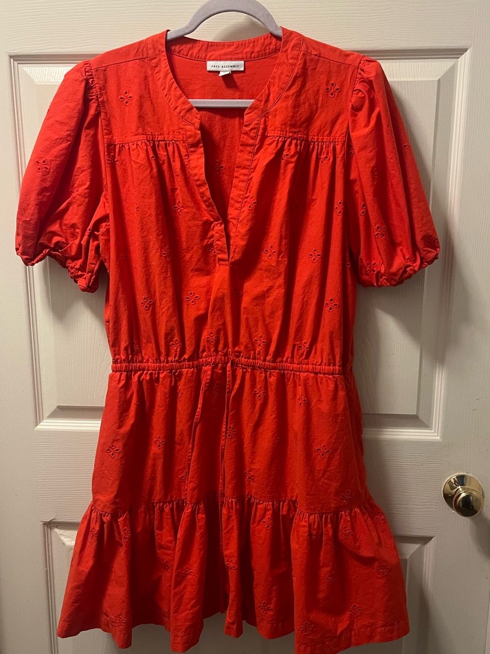 Free Assembly XXL 20 Red Eyelet Mini‎ Dress Puff Sleeve Cotton Tiered Cottage